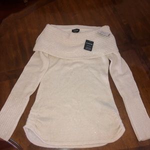 Bebe Off-the-shoulder metallic yarn sweater